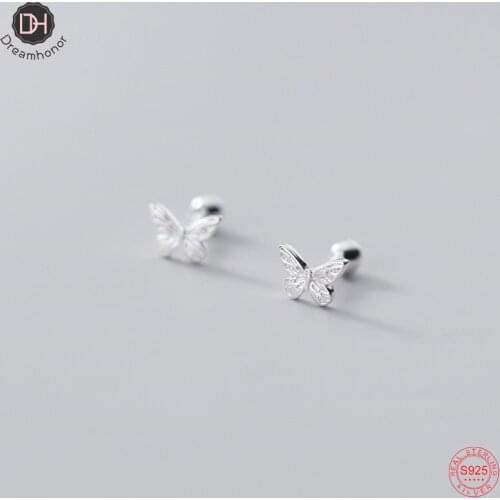Dreamhonor Fashion Lovely Cute 925 Sterling Silver Butterfly Ball Stud Earrings For Women Student Jewelry Accessories