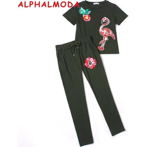 ALPHALMODA 2018 Spring Short-sleeved Crane Sequined Appliques Tshirts and Pants 2pcs Suits Women New Slim Fit Casual Pants Sets