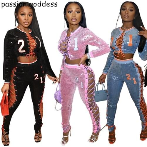 New Fashion Outfits Women Sexy Club Sequined Two Piece Set Lace Up Long Sleeve Crop Top+Hollow Out Bandage Pencli Pants Suits