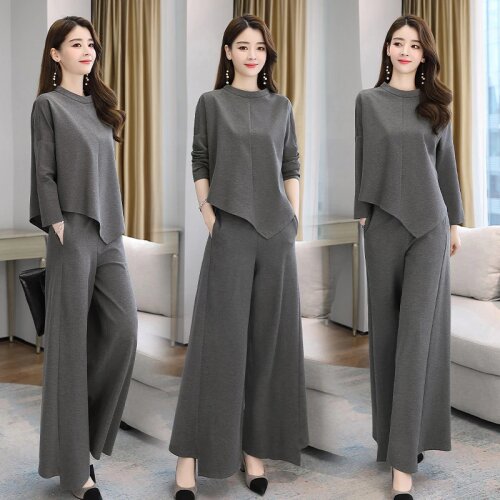 Women Suit Autumn Fall Clothing Two Piece Set Cotton Casual Loose Shirt Top and Wide Leg Pants Trousers Female Outfits Plus Size