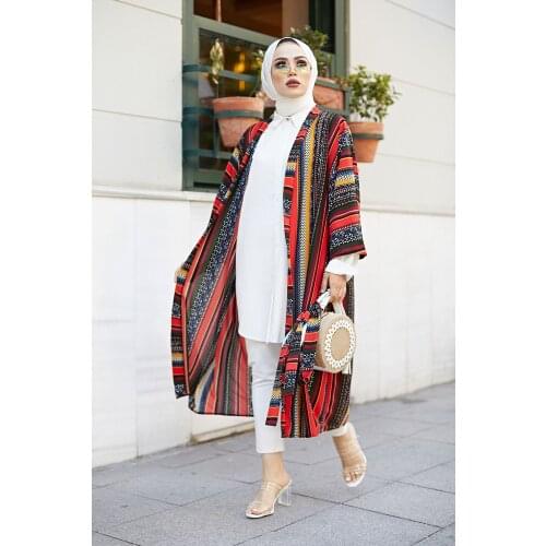 HAFMER Womens Red Patterned Kimono