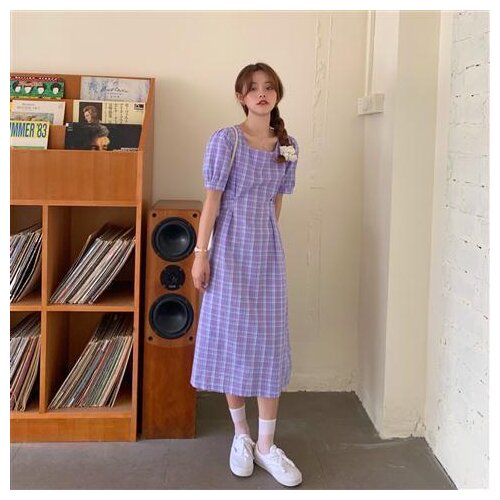 Dresses For Women Back Bow Purple Dress Square Collar Tartan Skirt Summer Vestido De Mujer Femme Robe