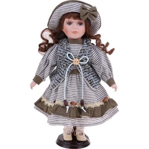 30cm Porcelain Doll Victorian Girl Standing Figures with Wooden Stand Kids Adult Collections
