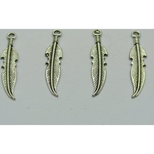 50 Tibet Silver Feather Charm Pendants 25X6mm Double Side