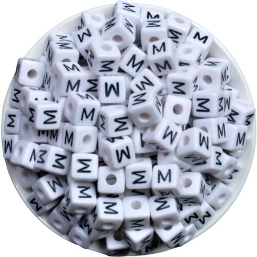 Free Shipping Mini Order 50PCS 10x10MM Cube Acrylic Letter Beads Single Alphabet M Printing White Square Bracelet Jewelry Beads