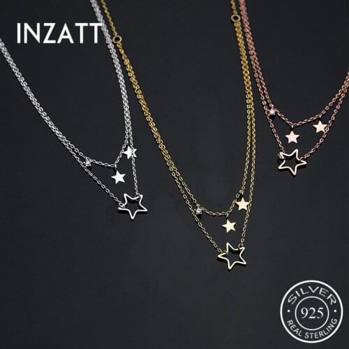 INZATT Real 925 Sterling Silver Star Double Chain Choker Necklace For Fashion Women Party Fine Jewelry Cute Accessories