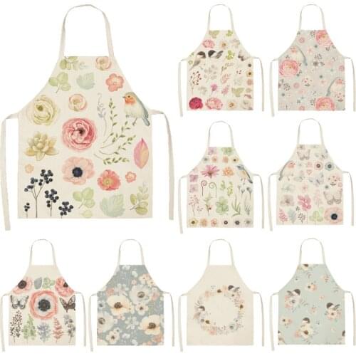 Bird Flower Printed Cotton Linen Brief Pinafore Kitchen Sleeveless Apron Women Home Cooking Baking Waist Bib WQTF25