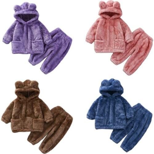 New 2PC/Sets Flannel Pajamas for Baby Kids Hooded Nightwear Autumn Winter Infant Cartoon Sleepwear Suits Toddler Warm Clothing