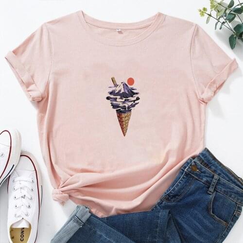 Ice Cream Graphic T Shirts Women Mountain Sunset T Shirts Women Top Loose Women Tee Summer Fashion Casual Camisas Mujer 2021