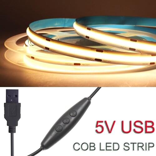 KLA-FCOB Dimmable DC5V USB Powered COB Strip Flexible 5V LED Tape Light Bar with Dimmer CRI 90 White Yellow Red Green Blue Color
