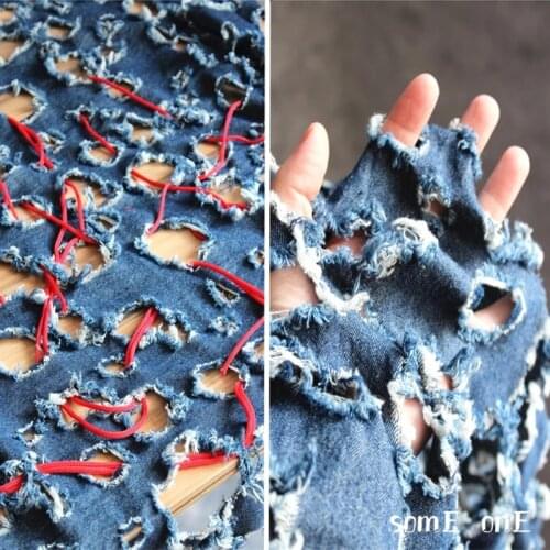 Blue Hole Washing Denim Cotton Fabric Double-faced Hollow out DIY Patchwork Jeans Coat Jacket Trousers Dress Designer Fabric
