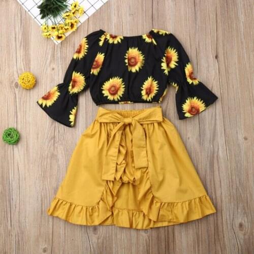 2PCS Newborn Kid Baby Girls Floral Sunflower Off Shoulder Tops Shorts Skirt Outfit Clothes Summer Holiday Party Clothing Set