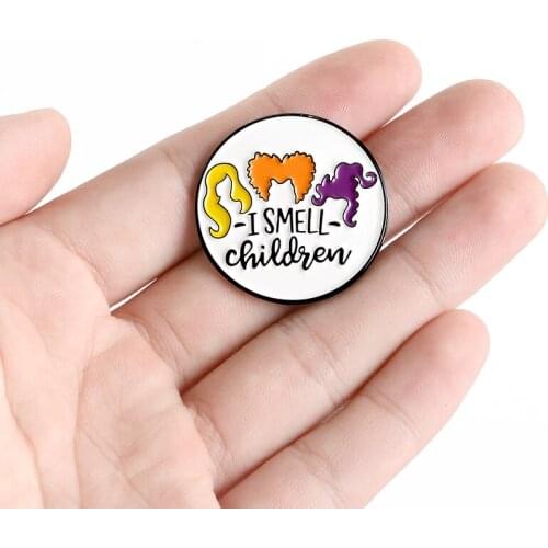 Cartoon colorful wig "I SMELL" round badge Movie witch hairstyle creative metal brooch Denim sweater backpack pin
