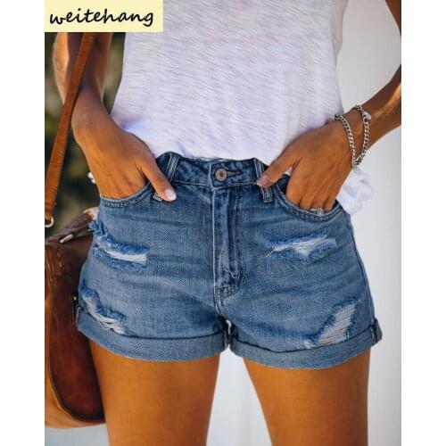 Summer Women Elasticity Denim Shorts New Mid Waist Shorts Women Casual Loose Jeans Ladies Fashion Hole Wide-leg Short Jeans 293