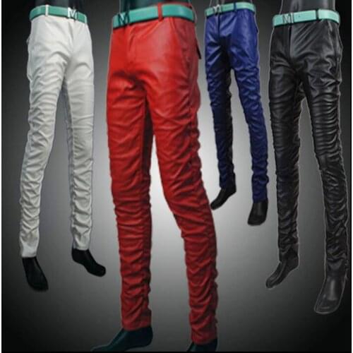 2020 mens spring and autumn clothing motorcycle leather pants mens teenage male slim red wrinkle PU leather trousers mens black