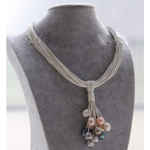 Hot sale Choker 16" 15row black pink gray pink pearls white leather necklace