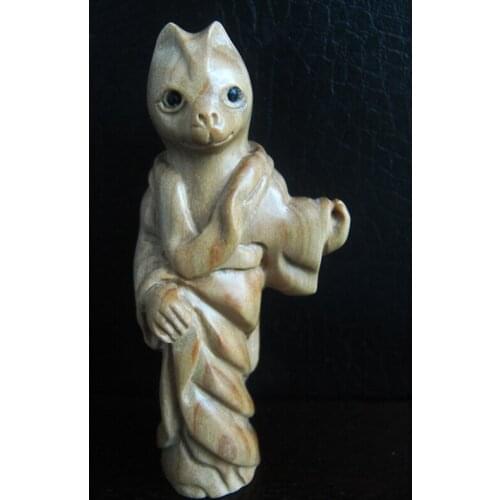 Q4138 - 2 " Hand carved Japanese Boxwood Netsuke Carving Figurine- Cat in Kimono