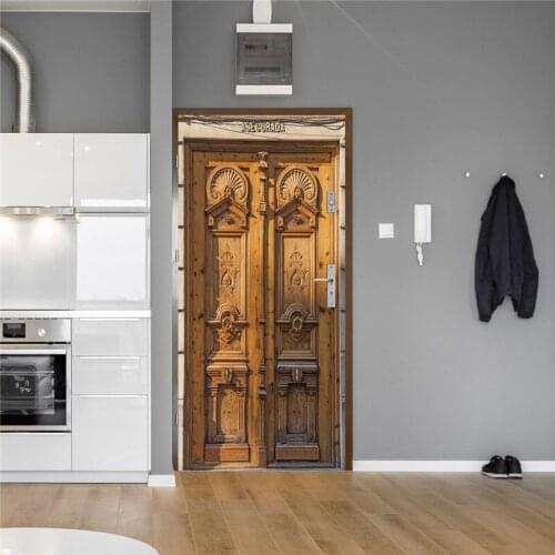 Retro Wood Relief Door Sticker Chinese Style Home Removable Decor Decal Imitation 3D Poster For Door Study Living Room Bedroom