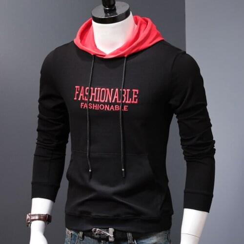 Fashion Black Red Patchwork Hoodie Men Autumn Letter Embroidered Cotton Oversized Hooded Sweatshirt Streetwear Mens Clothes