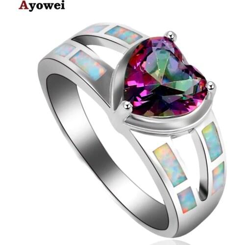 Unique Design Heart Style White Fire Opal Silver Stamped Mystic Crystal Fashion Jewelry Ring USA Sz #5#6#7#8#9 OR759A