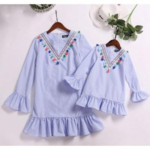 Spring Mother Daughter Macthing Dresses Family Set Kids Striped Dress For Girls Mom Baby Mommy and Me Long Sleeve Clothes Outfit