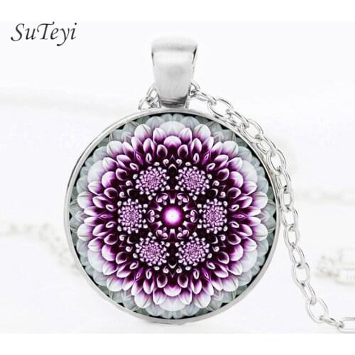 SUTEYI Vintage Flower Art Picture Necklace Charms Glass Cabochon Pendant Mandala Buddhism Amulet Zen Necklaces Jewelry Gift