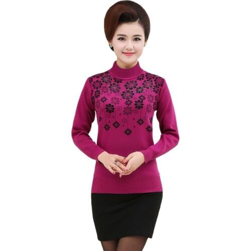 Knitting Mother Clothing Floral New Womens Autumn Winter Turtleneck Sweater Pullover Casual Long-sleeve Knitted Basic Shirt Top