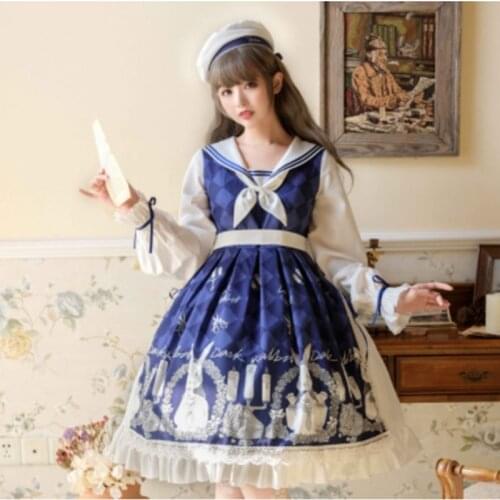 Japanese sweet lolita dress vintage sailor collar high waist cute printing victorian dress kawaii girl gothic lolita op loli cos