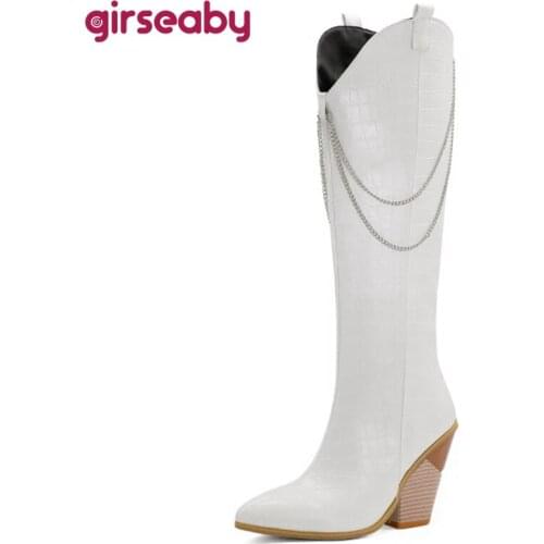 Girseaby 2021 Designer Western Cowboy Knee Long Boots Chains Women Pointed Toe Wedge Heel Black Brown Extra Big Size US17 S2445