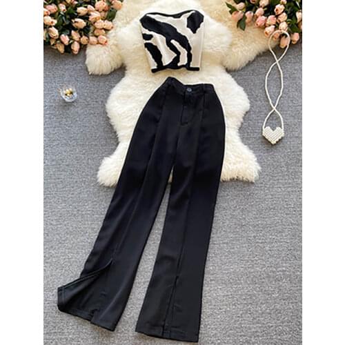 Sexy Black 2Pcs Set For Women Sleeveless Strapless Printed Tops + Casual Wide Leg Pants Suit Female Summer 2021 New Fashion