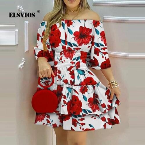 Spring Summer Women Fashion Off-shoulder Slash Neck Printed Short Dress Casual Half Sleeves A-line Dresses Elegant Slim Vestidos