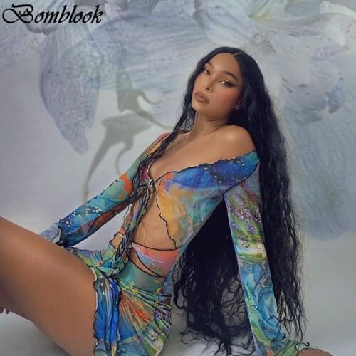 Bomblook 2021 Print Long Sleeve Hollow Out Lace Up See Through Mesh Dress Summer Women Beach Leisure Vacation Outfits