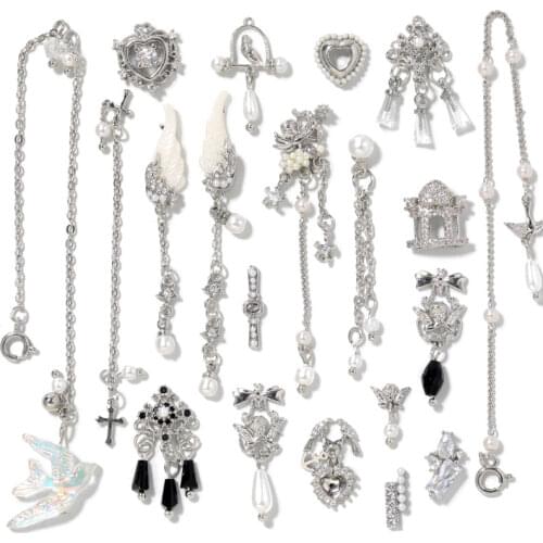 1 piece high end luxury zircon crystal diamond pendant nail alloy silver nail art decoration fashion chain tassel jewelry