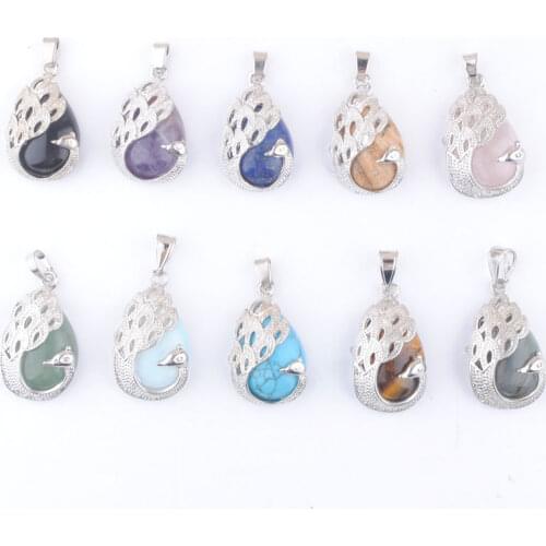 10Pcs/Lot Peacock Pattern Pendant Suspension Water Drop Opal Lapis Natural Stone Charm Pendulum Pendants For Necklace QBN464