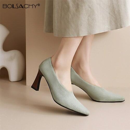 2021 Spring Fashion Shoes Women High Heels Flock Designer Square Toe Apricot Pumps Lady Party Office career Shoes Size 34-43