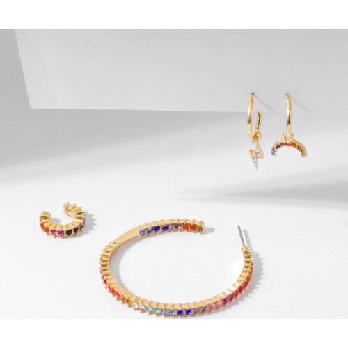 4Pcs CZ Stone Stud Earrings Kit Rainbow Crystal Hoop Earrings Fashion Jewelry A0KD