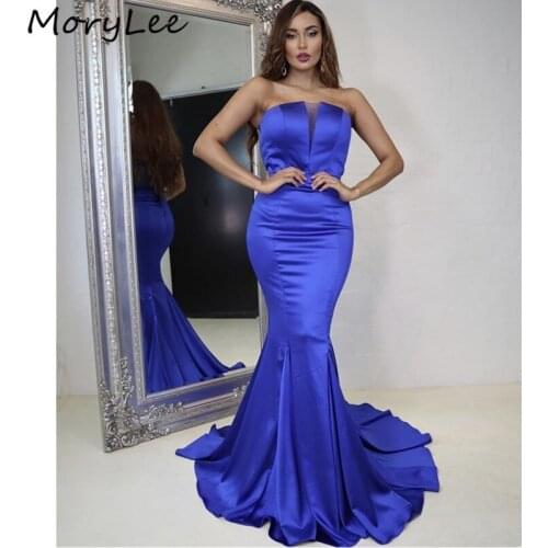 Evening Dresses Fashion Strapless Sleevess Floor Length Sweep Train Mermaid Satin Evening Dresses vestidos de fiesta de noche