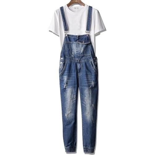 Spring Fall Mens Blue Denim Ripped Ankle Length Overalls Jumpsuits , Casual Romper , Distressted Jeans Pants Overall For Men