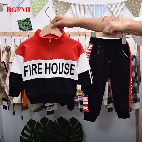 Kids Tracksuits Autumn Children Baby Boys Girls Patchwork Stand Collar Set Letter Printing Top+ Pants Toddler Cotton Clothing