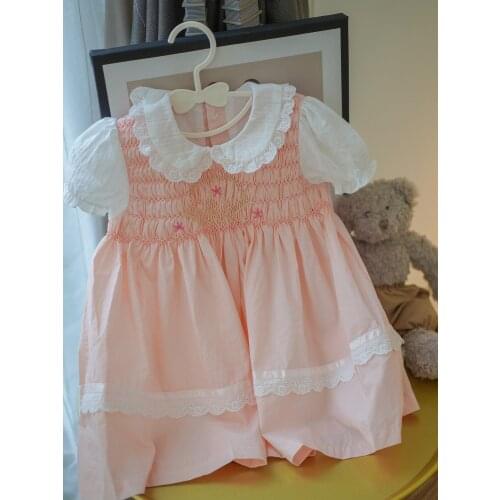 Baby Smock Pink Dress For kids Girls 1 2 3 4 Toddler Girl Collar Embroidery Flower Lace Frocks Dresses Infant Boutique Vestidos