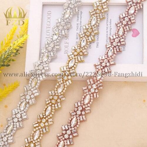FZD Wholesale 10 Yard Handmade Iron On Clear Beads Crystal Rhinestone Applique Patch for Wedding Dresses DIY Bridal Sash Garters