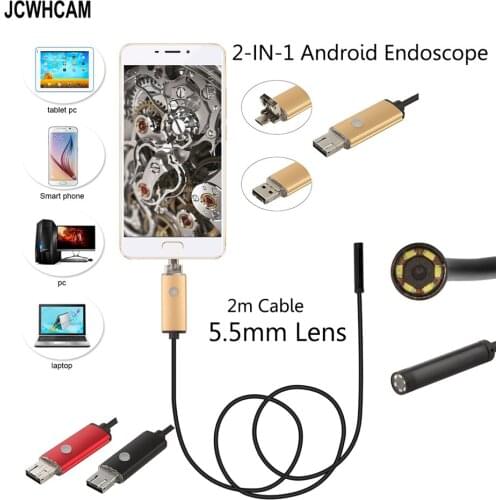 JCWHCAM 2in1 5.5mm Lens 6 LED Android USB Waterproof Endoscope Camera Borescope Inspection Camera with 2M 5MLength Cable