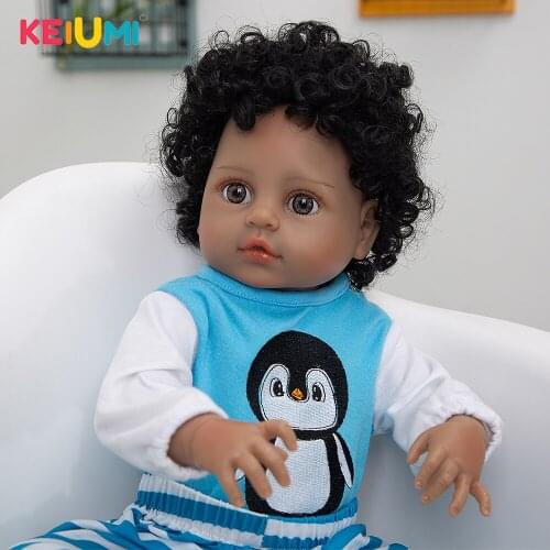KEIUMI 19 Inch Black Short Curly Hair Full Silicone Vinyl Body Bonecas Reborn Pasted Wig Hair Blue Suit Alive Reborn
