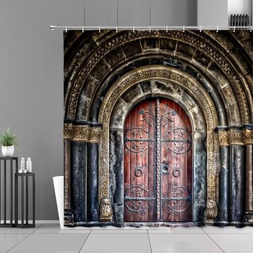 Classical Architecture Wooden Doors Shower Curtain Europe Gorgeous Old Door Design Waterproof Curtains Retro Bathroom Decor Set