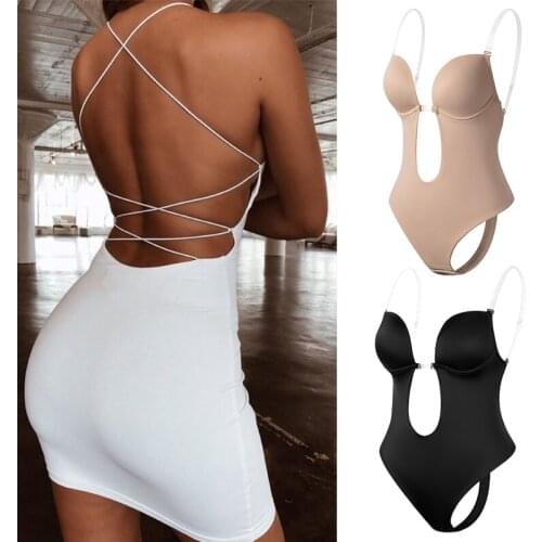 Women Bodysuit Shapewear Deep V-Neck Body Shaper Backless U Plunge Thong Shapers Waist Trainer Clear Strap Padded Push Up Corset