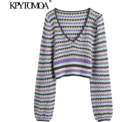 KPYTOMOA Women 2021 Fashion Color Striped Cropped Knitted Sweater Vintage V Neck Lantern Sleeve Female Pullovers Chic Tops