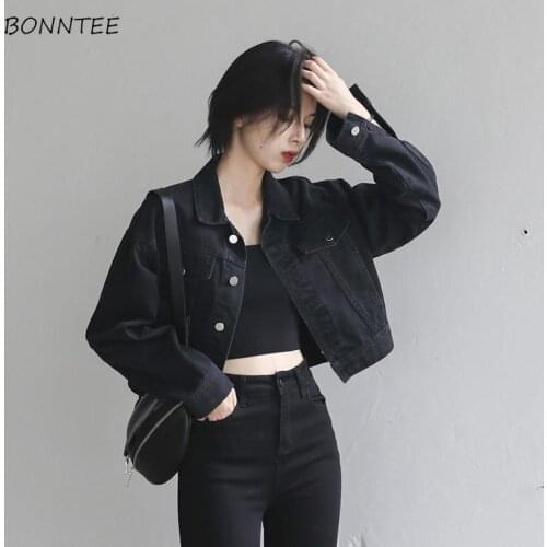 Basic Jackets Women Vintage Streetwear Loose Black Cropped Denim Outwear All-match Long Sleeve Lapel Autumn Gothic Punk Girls