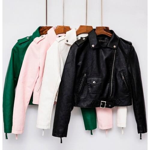 Pu Leather Jacket Women Fashion Bright Colors Black Motorcycle Coat Short Faux Leather Biker Jacket Soft Jacket Female Green Hot