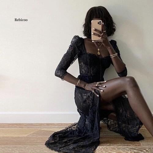Summer Elegant Square Collar Black Lace Womens Midi Dress Split See Through Club Party Summer Sundresses Clothes