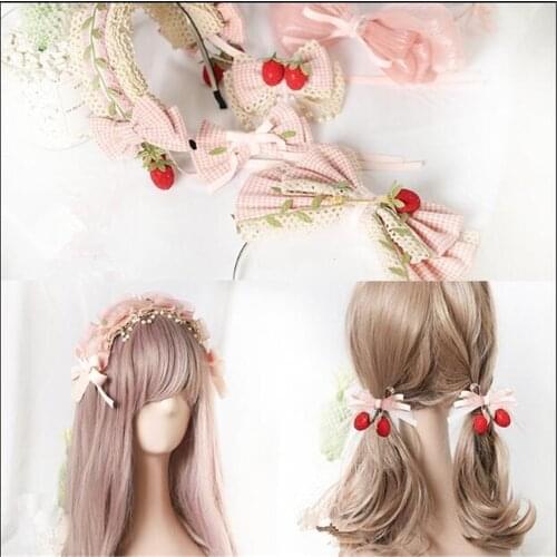 Sweet Girl pink berry strawberry Plaid Bowknot Hair clip Lolita Kawaii Hair Pin KC Headwear Side clip B998